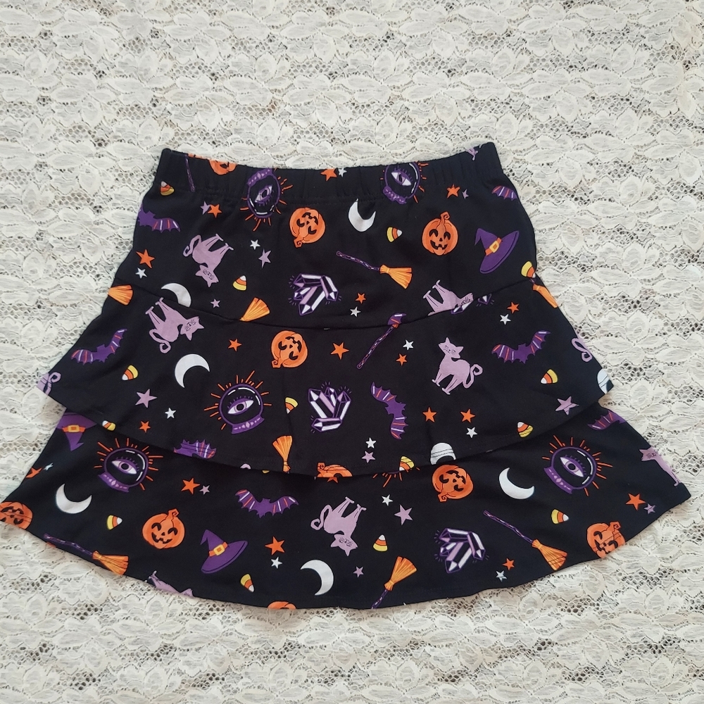 Cute Junior's Halloween Skirt Size M 7/8 Black Tiered Cats and Jack o Lanterns